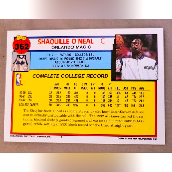 SHAQUILLE O'NEAL ROOKIE CARD - Picture 2 of 2
